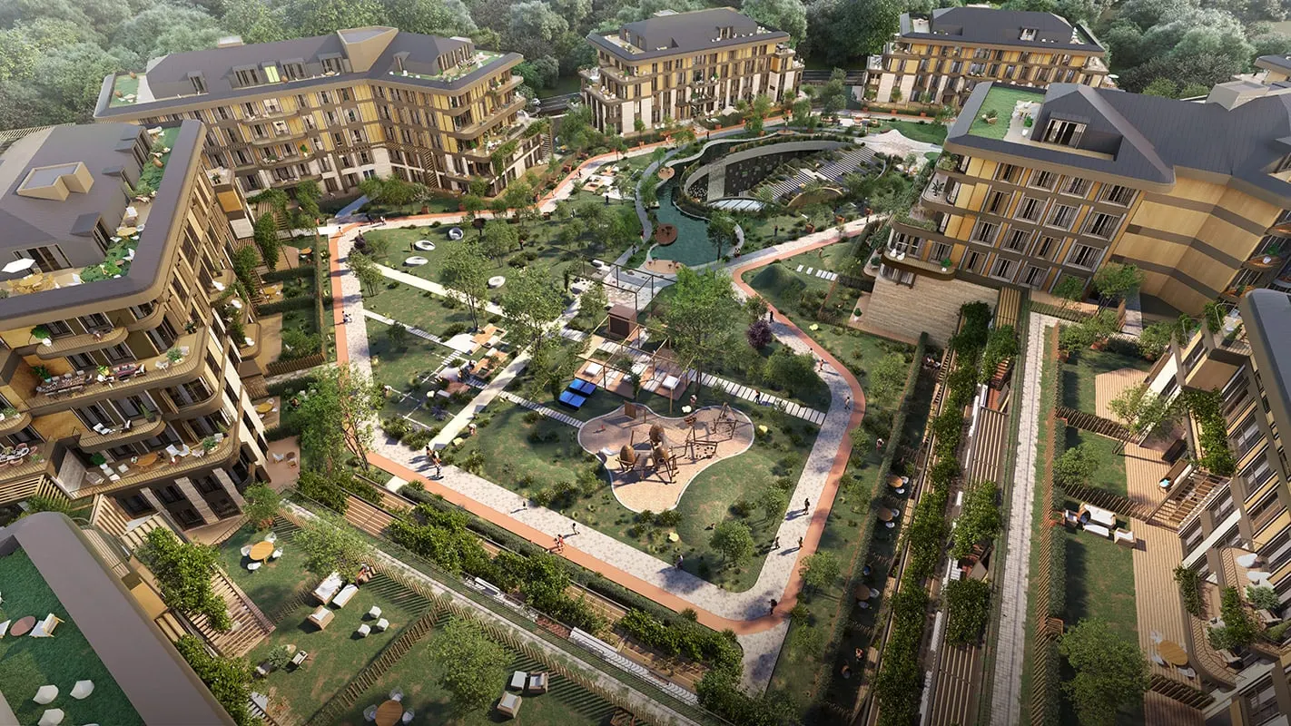 Courtyard gardens between the Next Level Kemer blocks seen from above