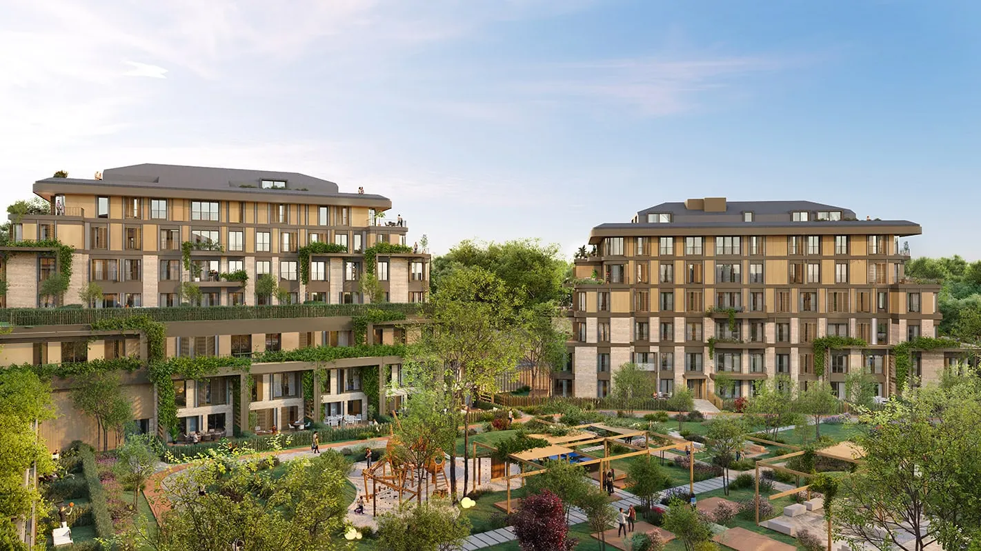 Two Next Level Kemer blocks behind the courtyard gardens