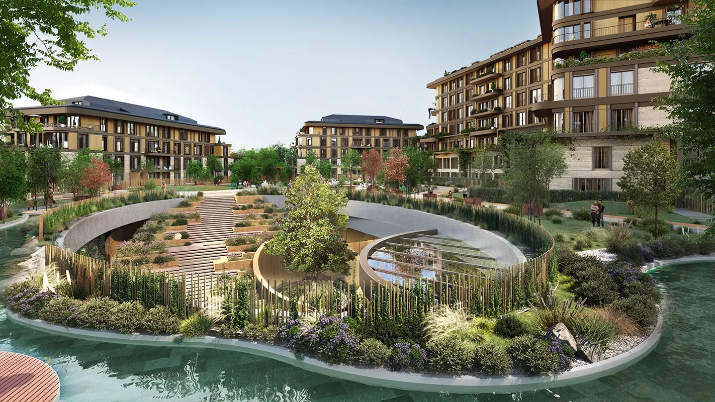 Landscaped courtyard with an ornamental pool at Next Level Kemer