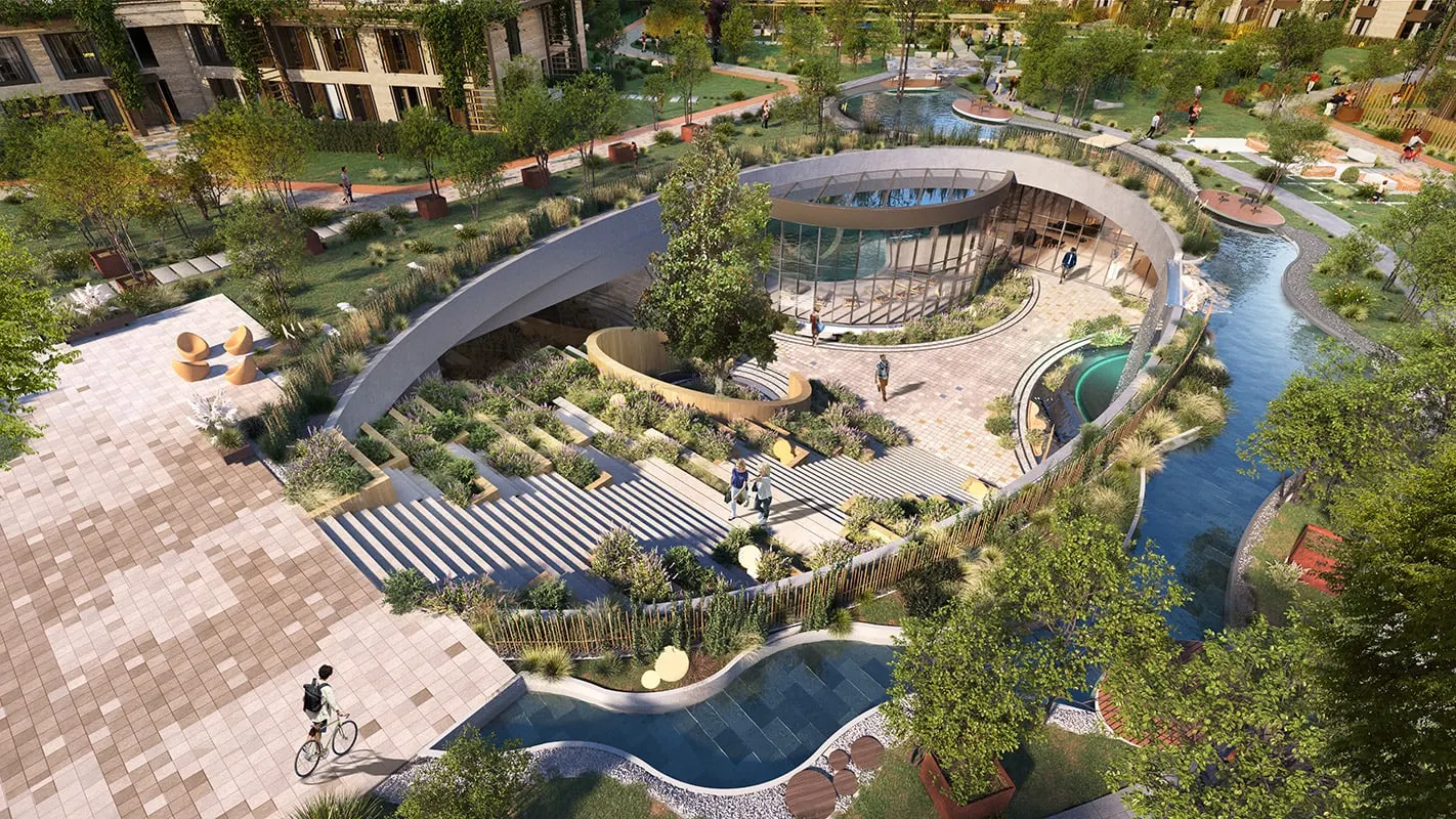 Social club roof and gardens in the middle of Next Level Kemer