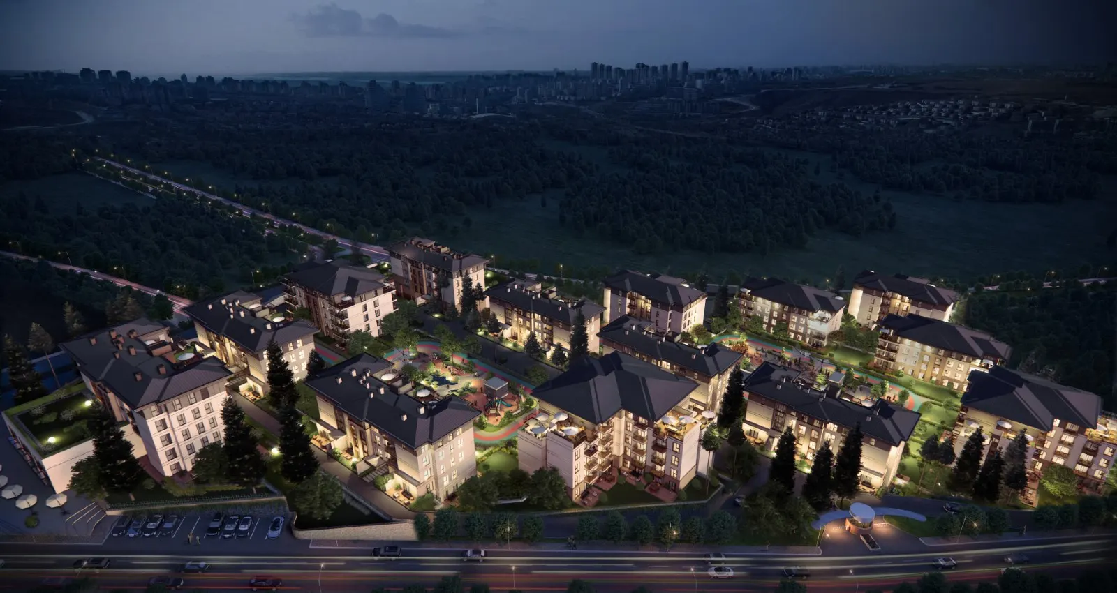 Aerial view of Nezihpark Bahcekent at dusk
