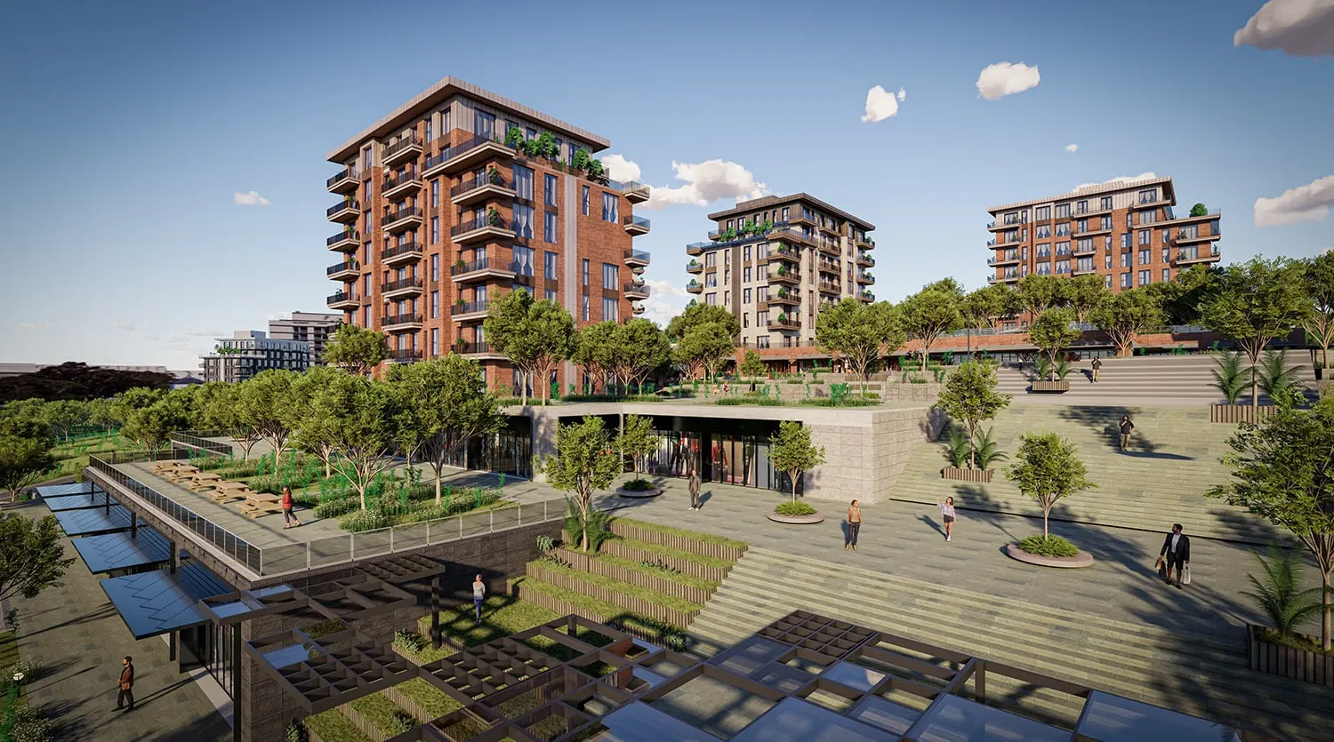 Three Nuve Basaksehir blocks above the landscaped central plaza