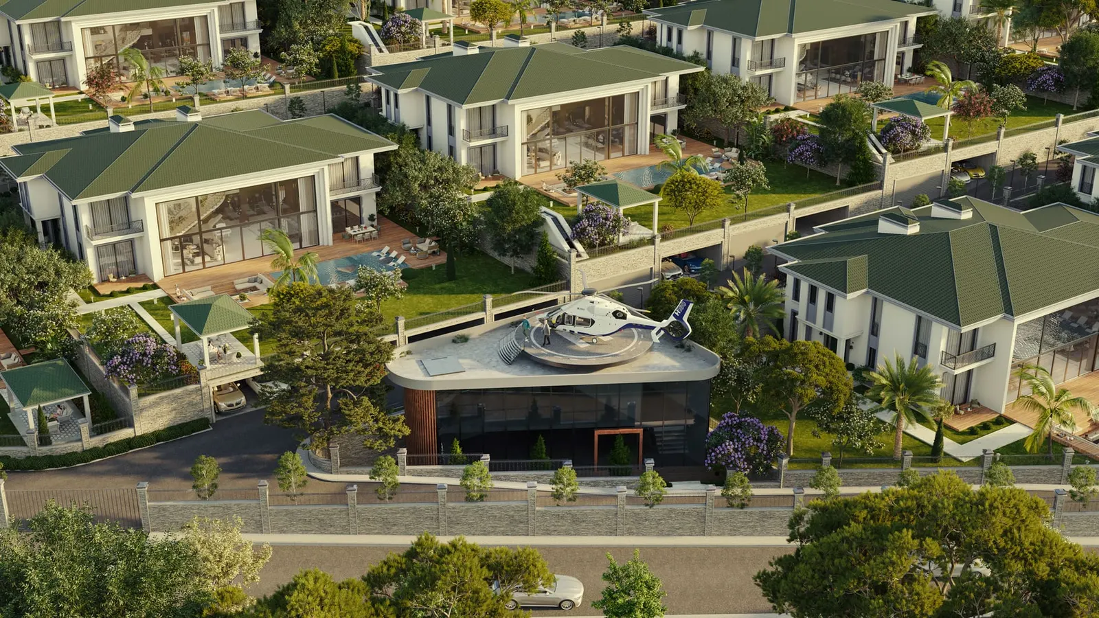 Aerial view of the Onay Buyuk Konaklar villas and helipad