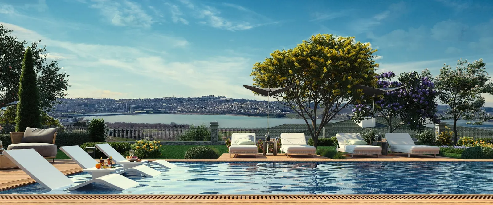 Private pool with Buyukcekmece Lake behind at Onay Buyuk Konaklar
