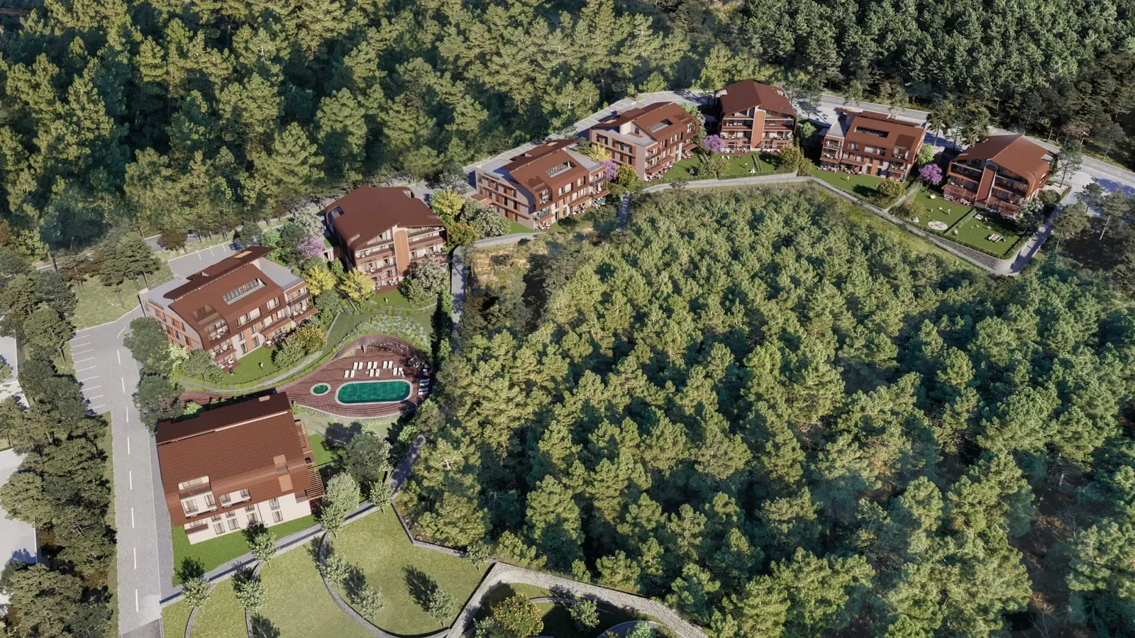 Aerial view of the OrmanYaka blocks around the wooded hill