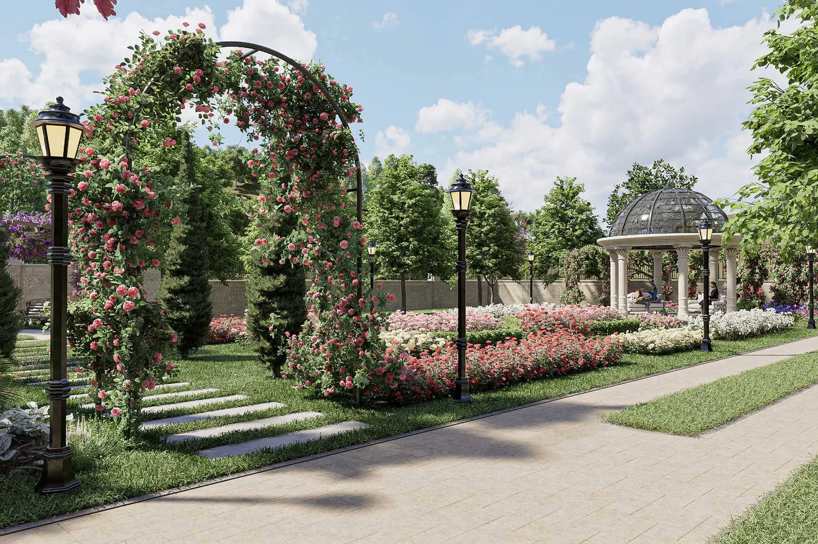 Rose arches and a gazebo in the Palace Istanbul Beylerbeyi gardens
