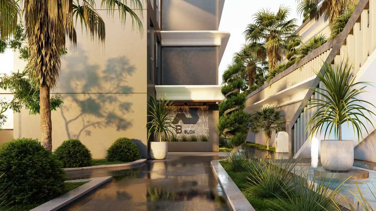Planted walkway and water channel beside a Panaroma Altinoluk block