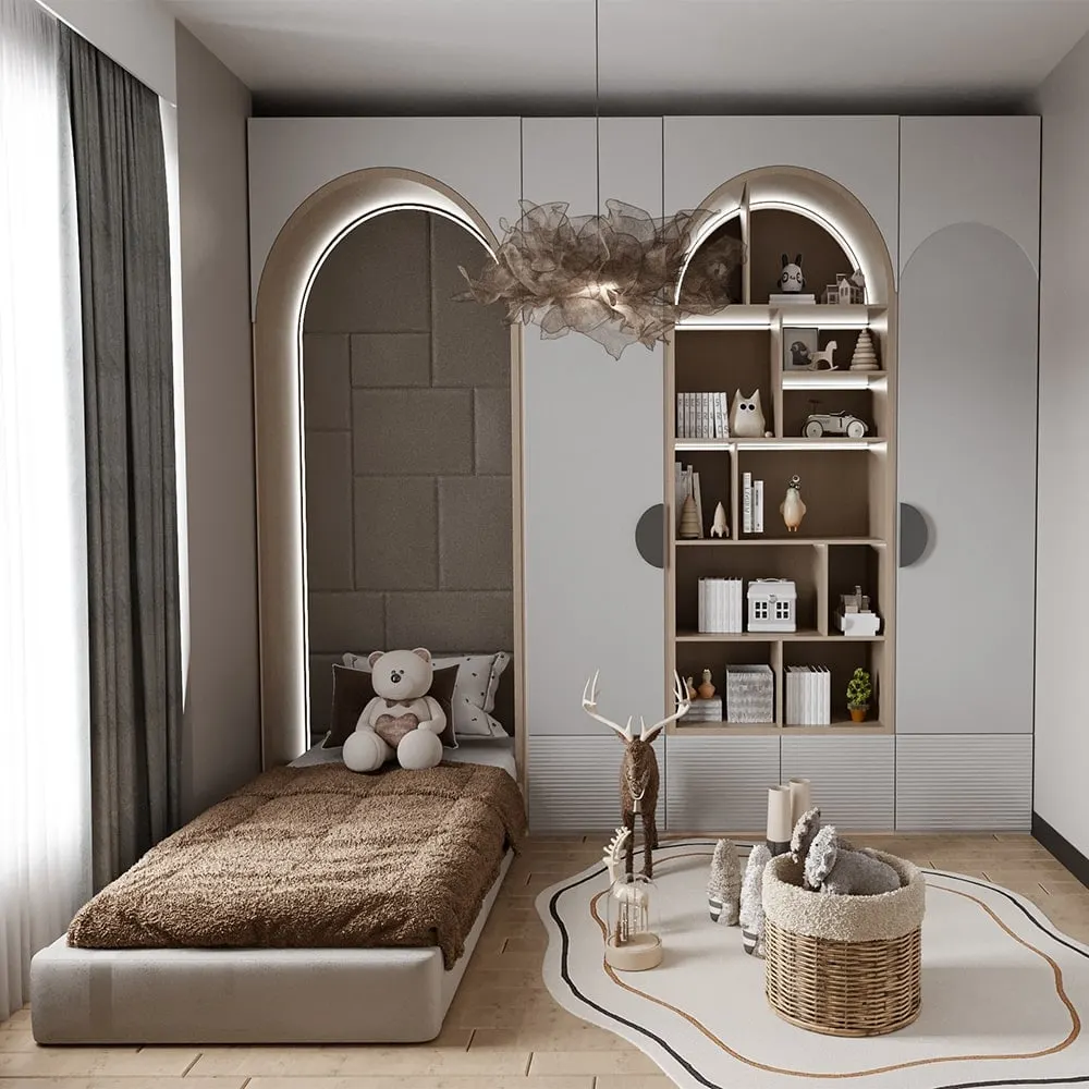 Children's bedroom with built-in shelves in a Pelit Levent apartment