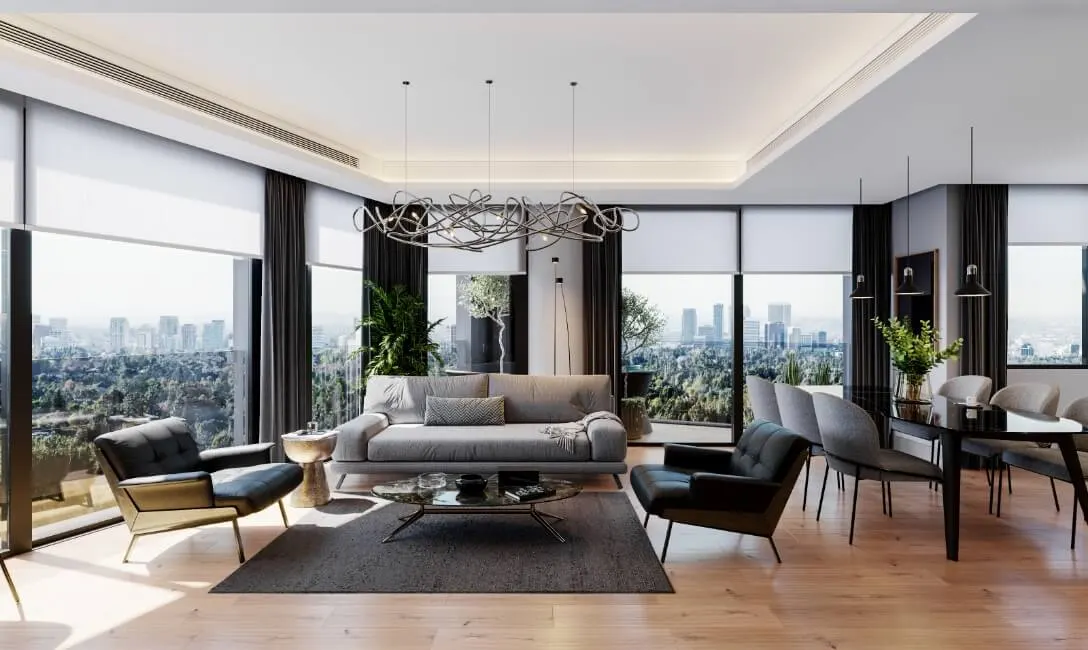 Living room with city view in a Polat Akatlar apartment