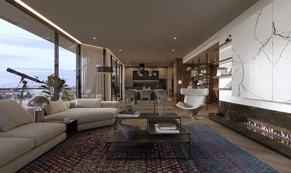 Living room with fireplace in a Polat Levent Exclusive residence