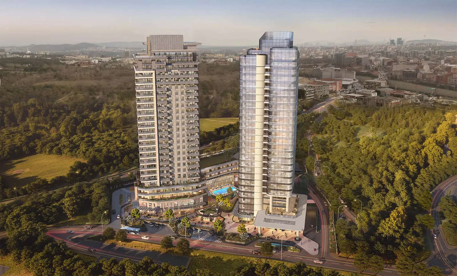Aerial view of Prime Tower Maslak among the woods