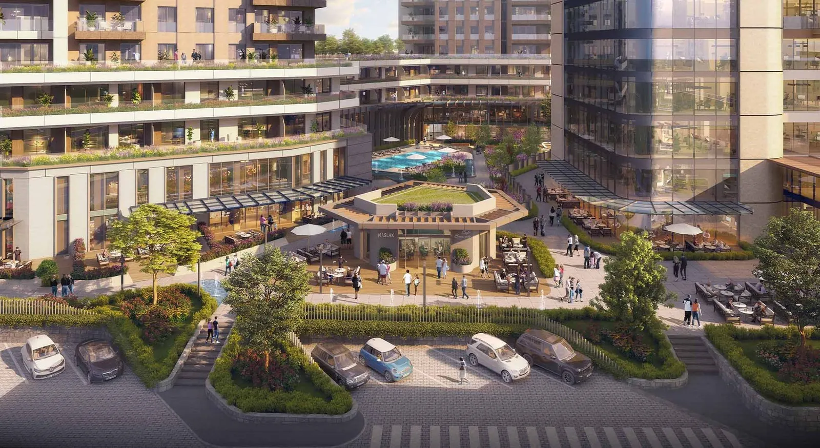 Courtyard with shops and cafes at Prime Tower Maslak