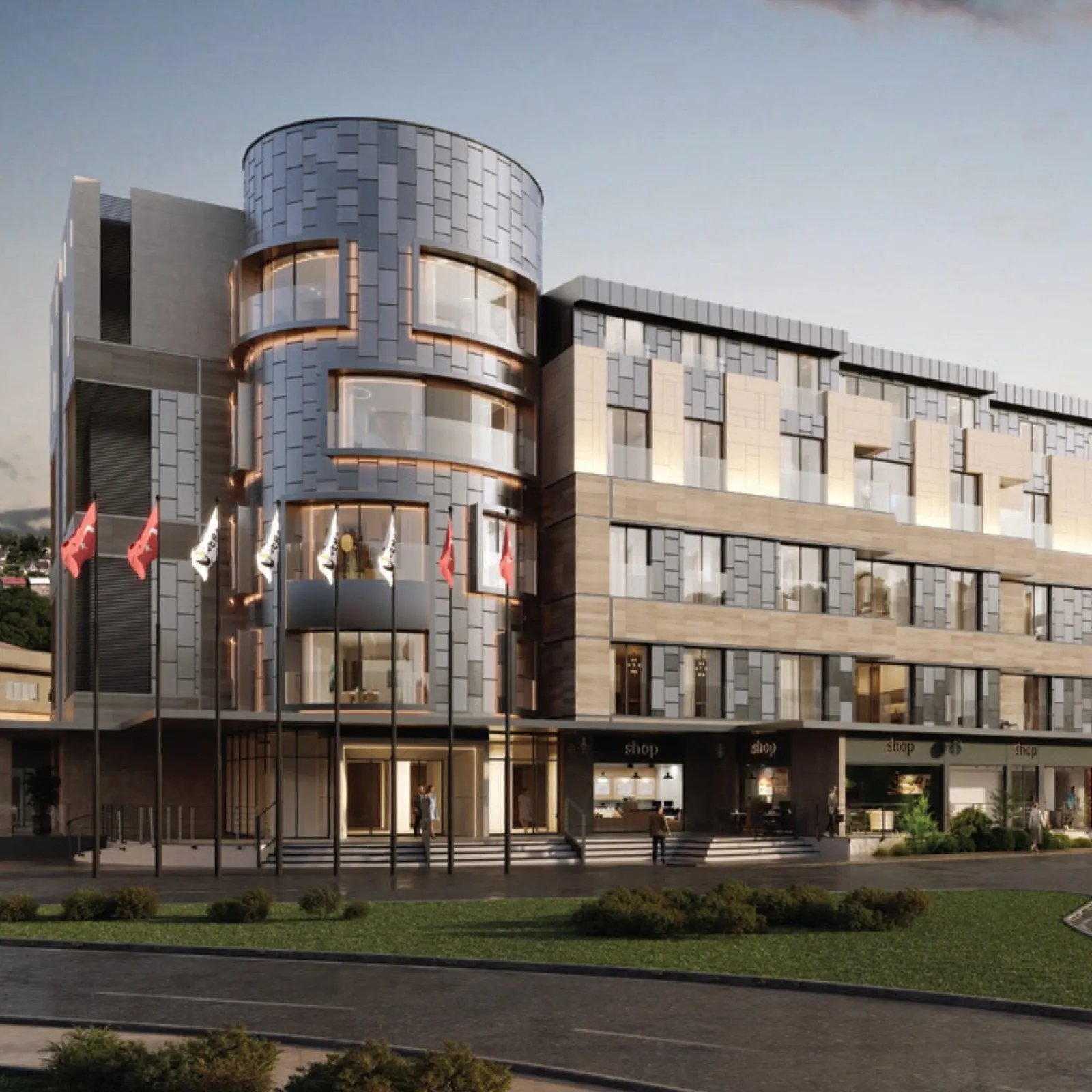 Rounded corner tower and main entrance of Seba Center Residences