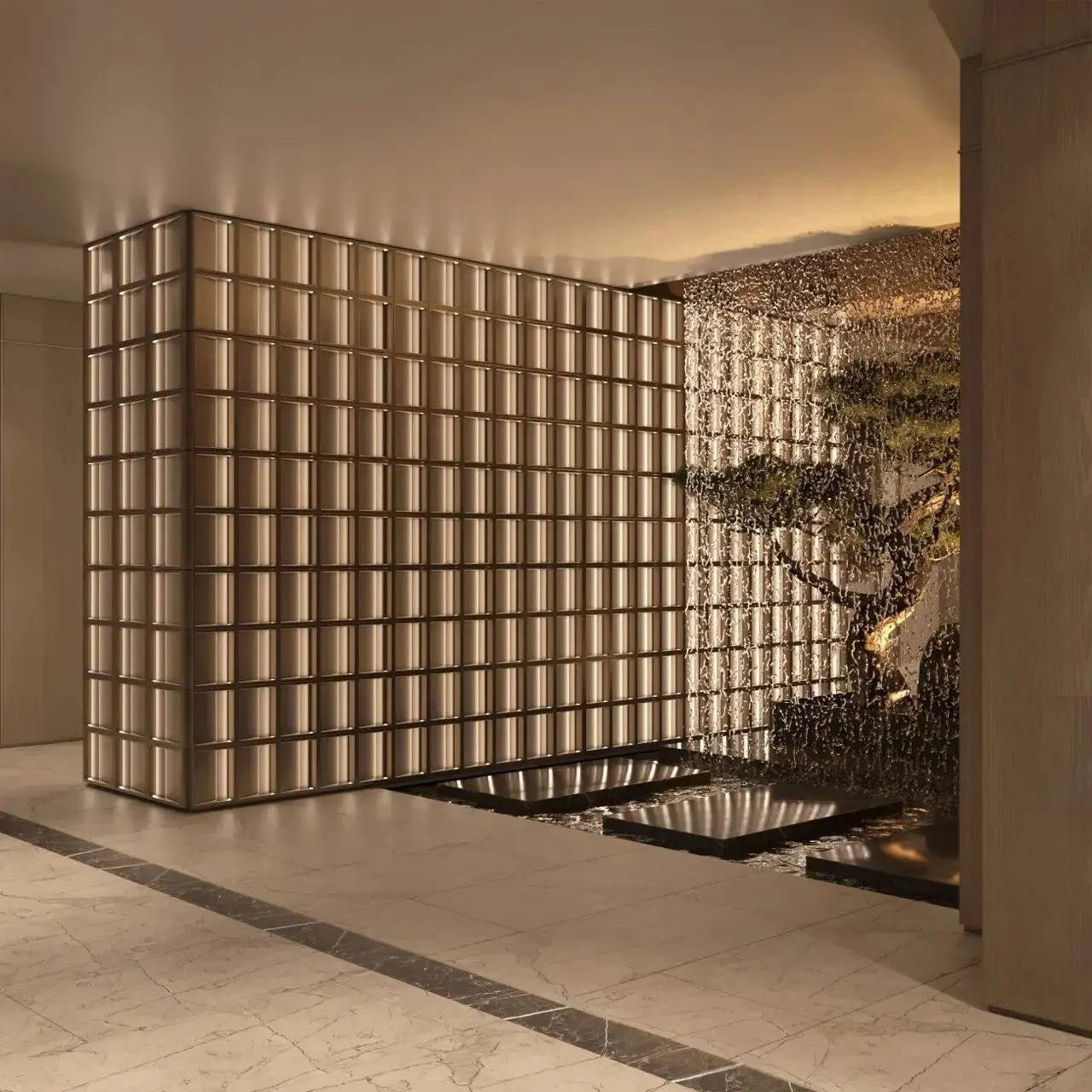 Glass-block wall and water feature in a common area of Seba Center Residences