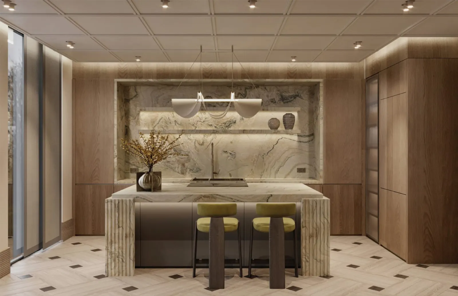 Kitchen with an island in a Seba Center Residences apartment