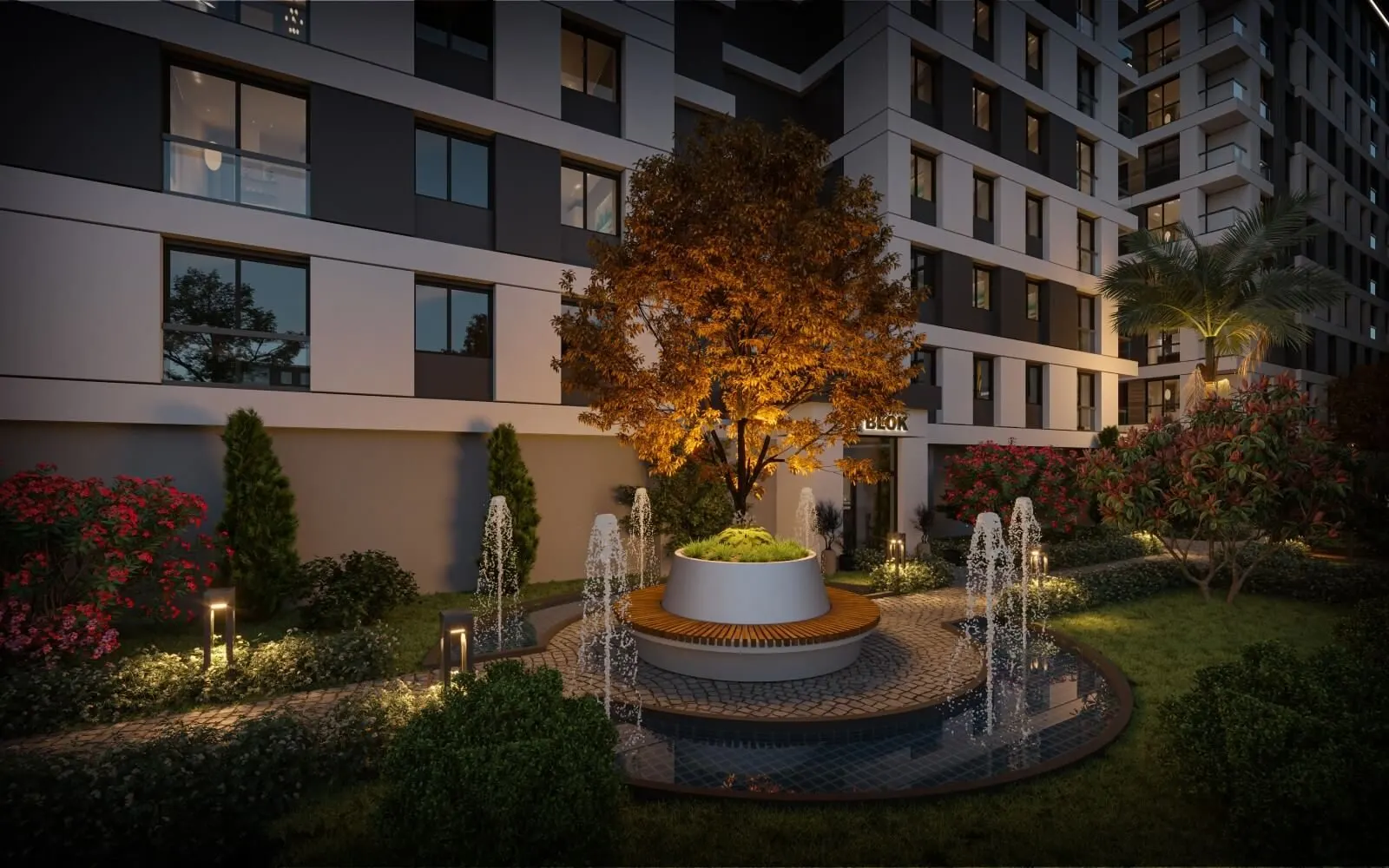 Garden fountain at Sega Metropark at night