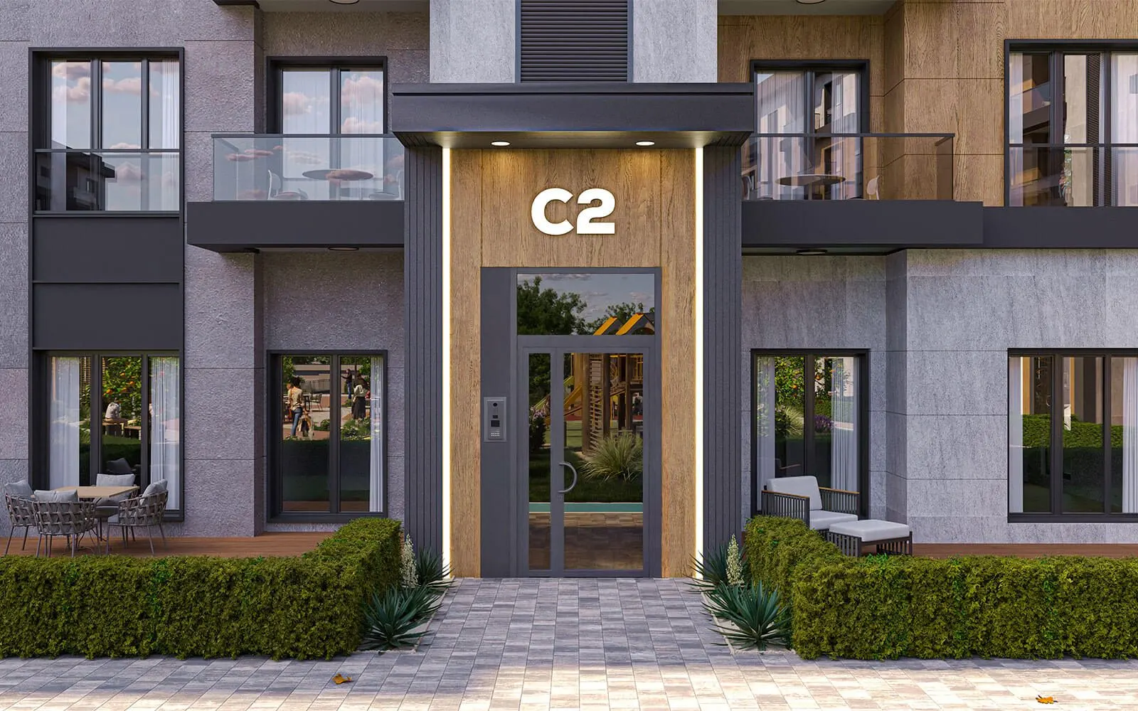 Entrance of block C2 at Tane Koru