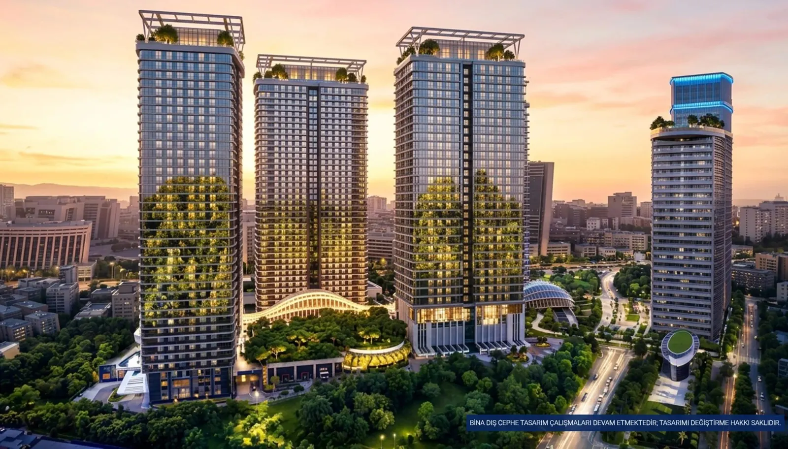The four towers of Tasyapi Sisli at sunset