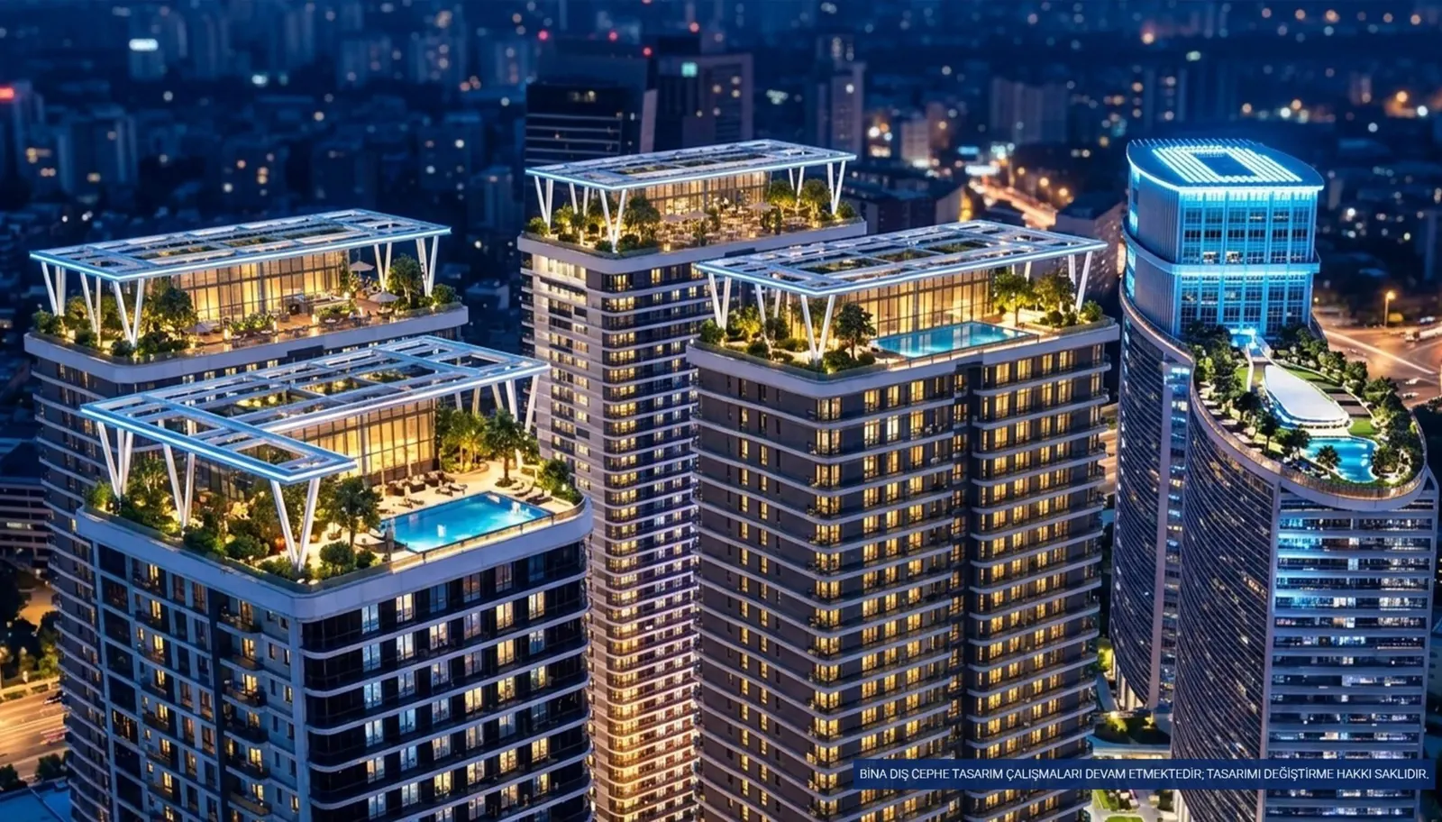 Rooftop terraces of Tasyapi Sisli at night