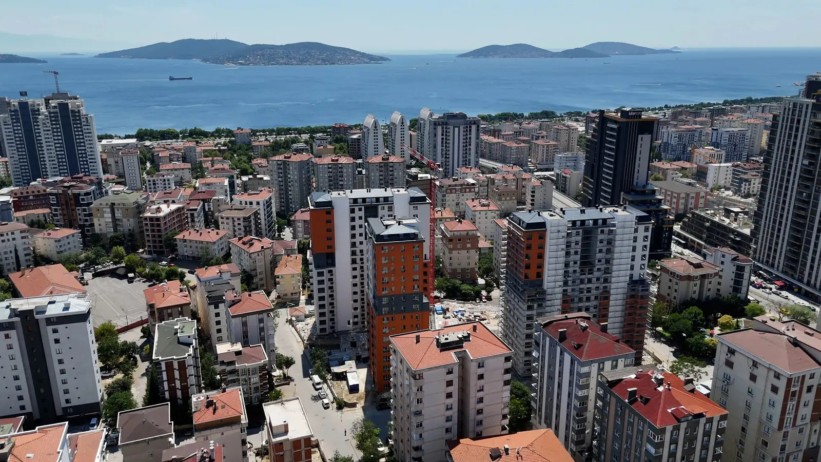 Tria Green Life blocks among the Atalar streets, with the Princes' Islands behind