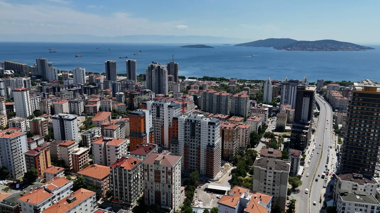 Wide aerial view of Atalar with the Tria Green Life blocks and the Sea of Marmara