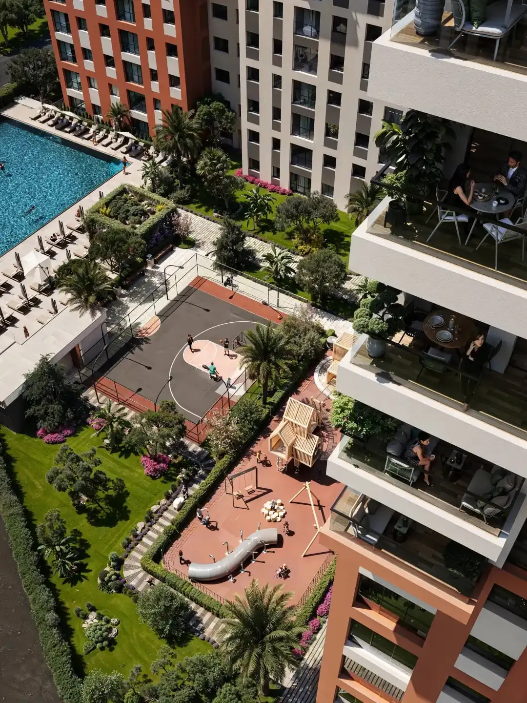 Garden, pool and sports court beside a Tria Green Life block, seen from above