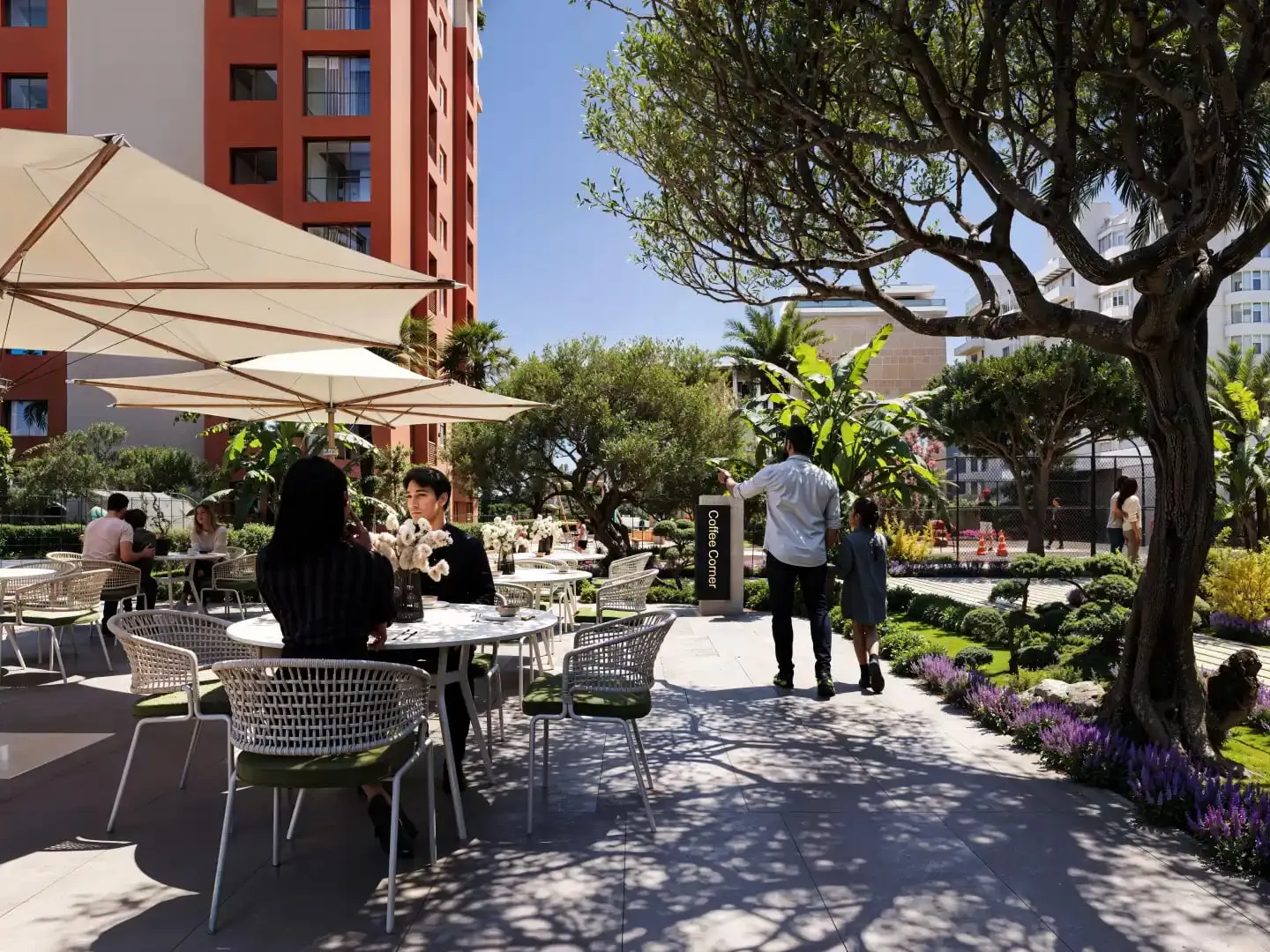 Cafe terrace in the gardens of Tria Green Life