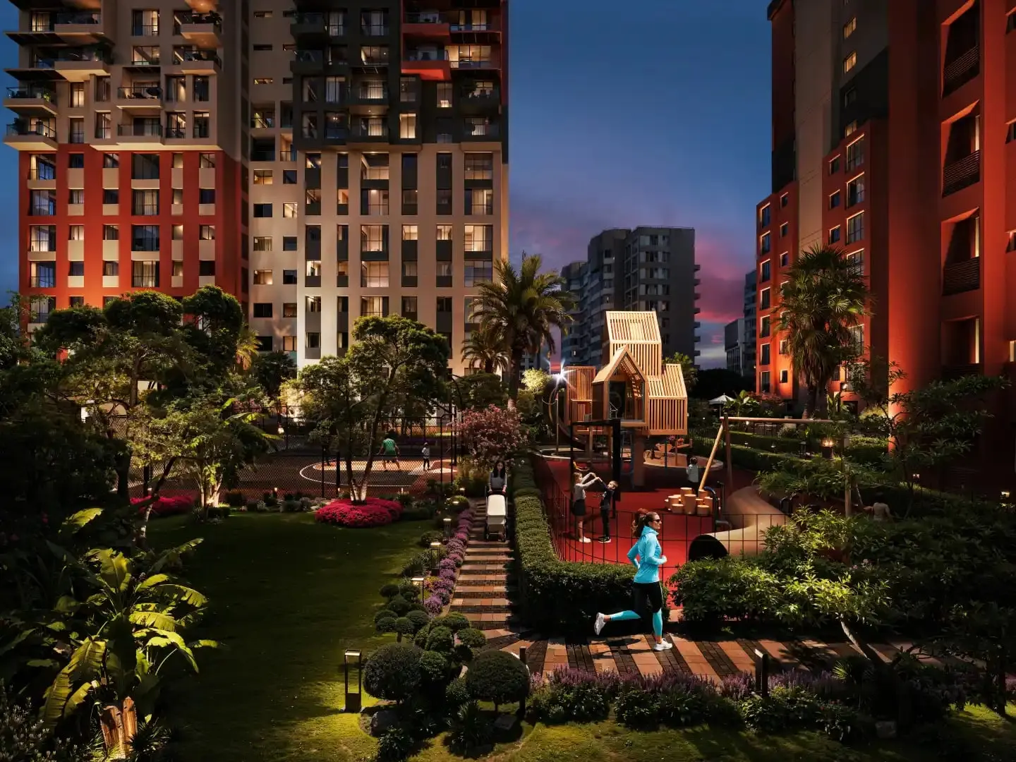 Garden and playground at Tria Green Life in the evening
