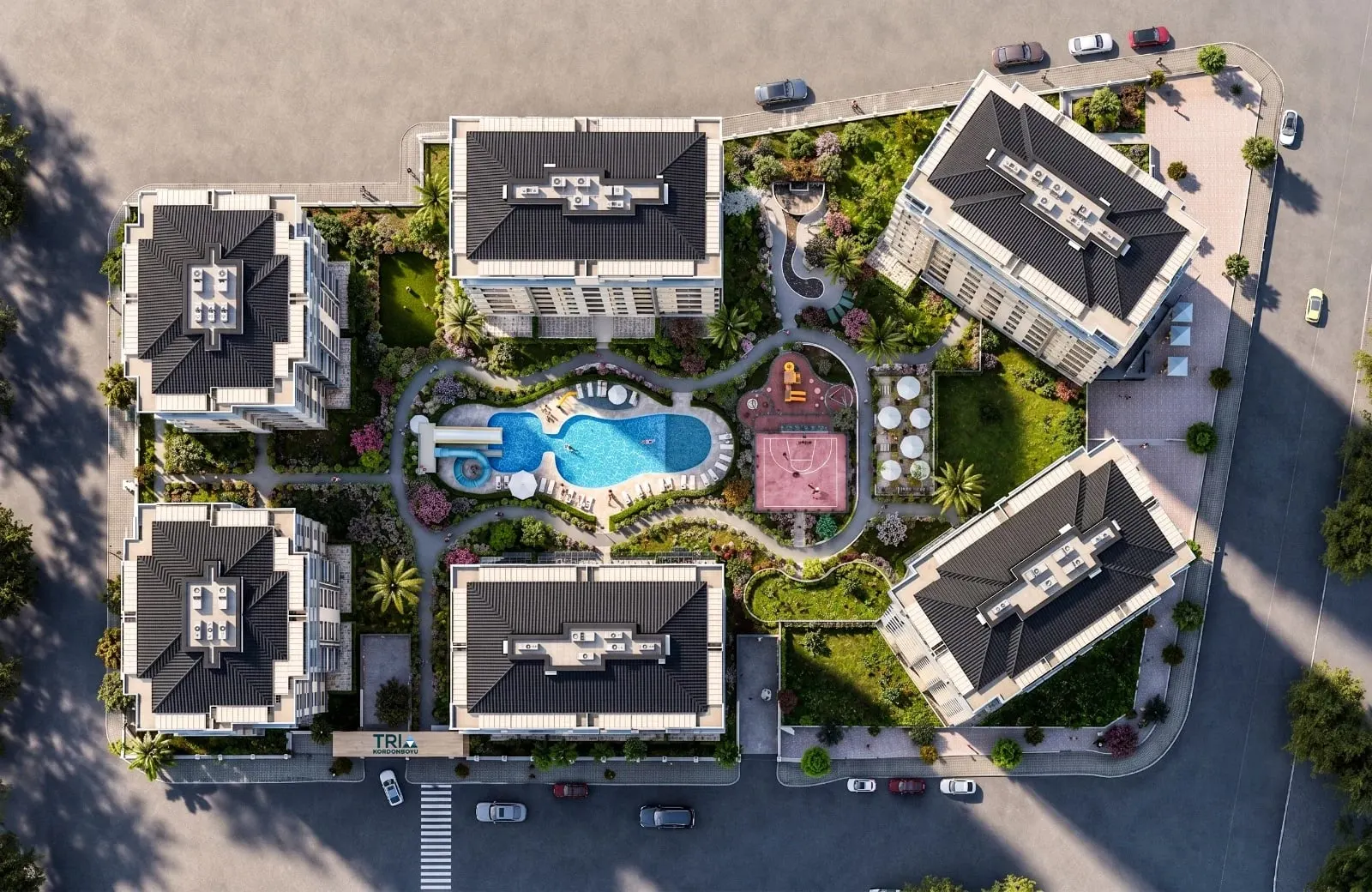 Aerial view of the six Tria Kordonboyu blocks and the central garden