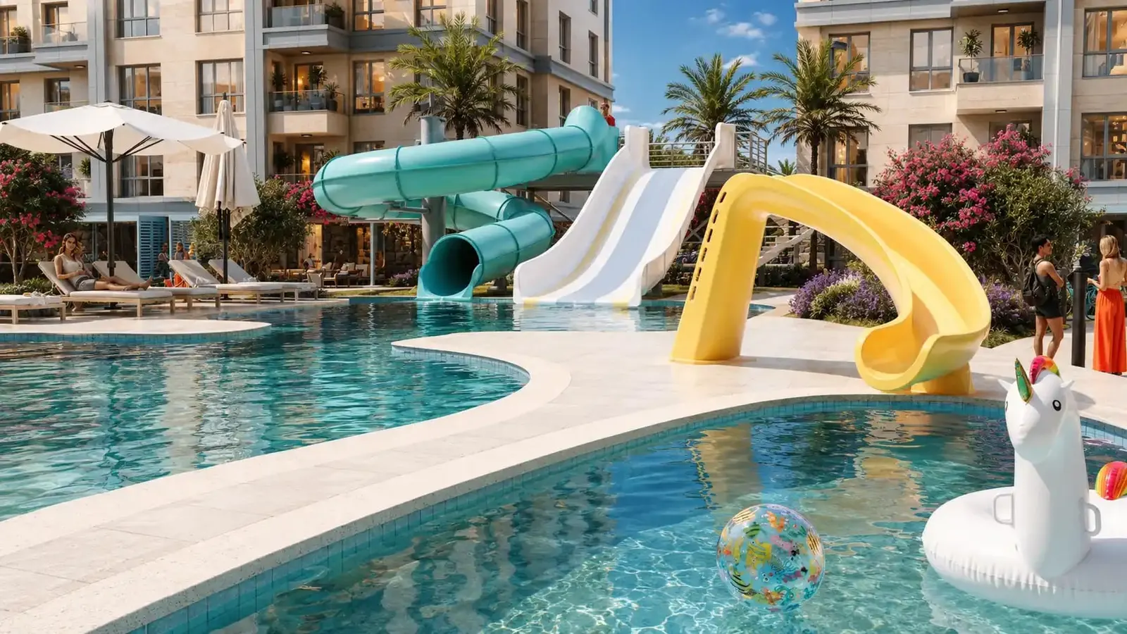 Water slides in the aquapark at Tria Kordonboyu