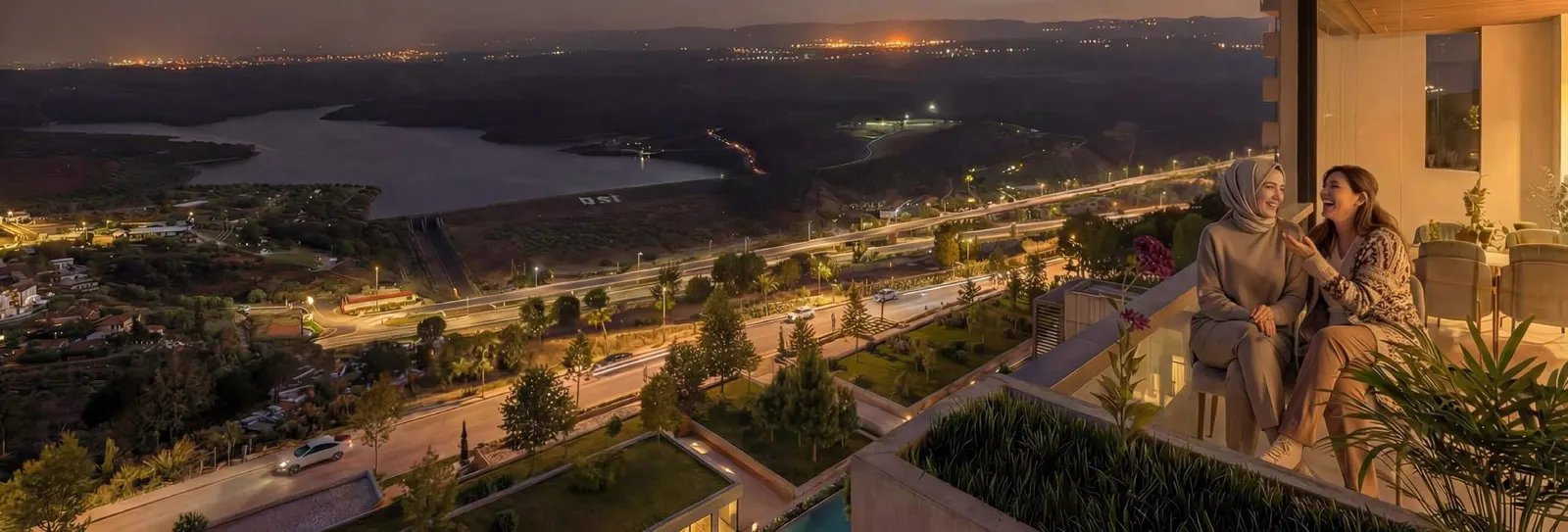Terrace view over the lake at night from V Yesilada