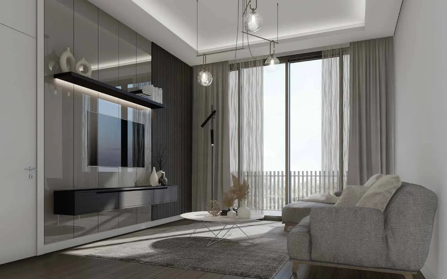 Living room with a balcony door in a Valory Gunesli apartment