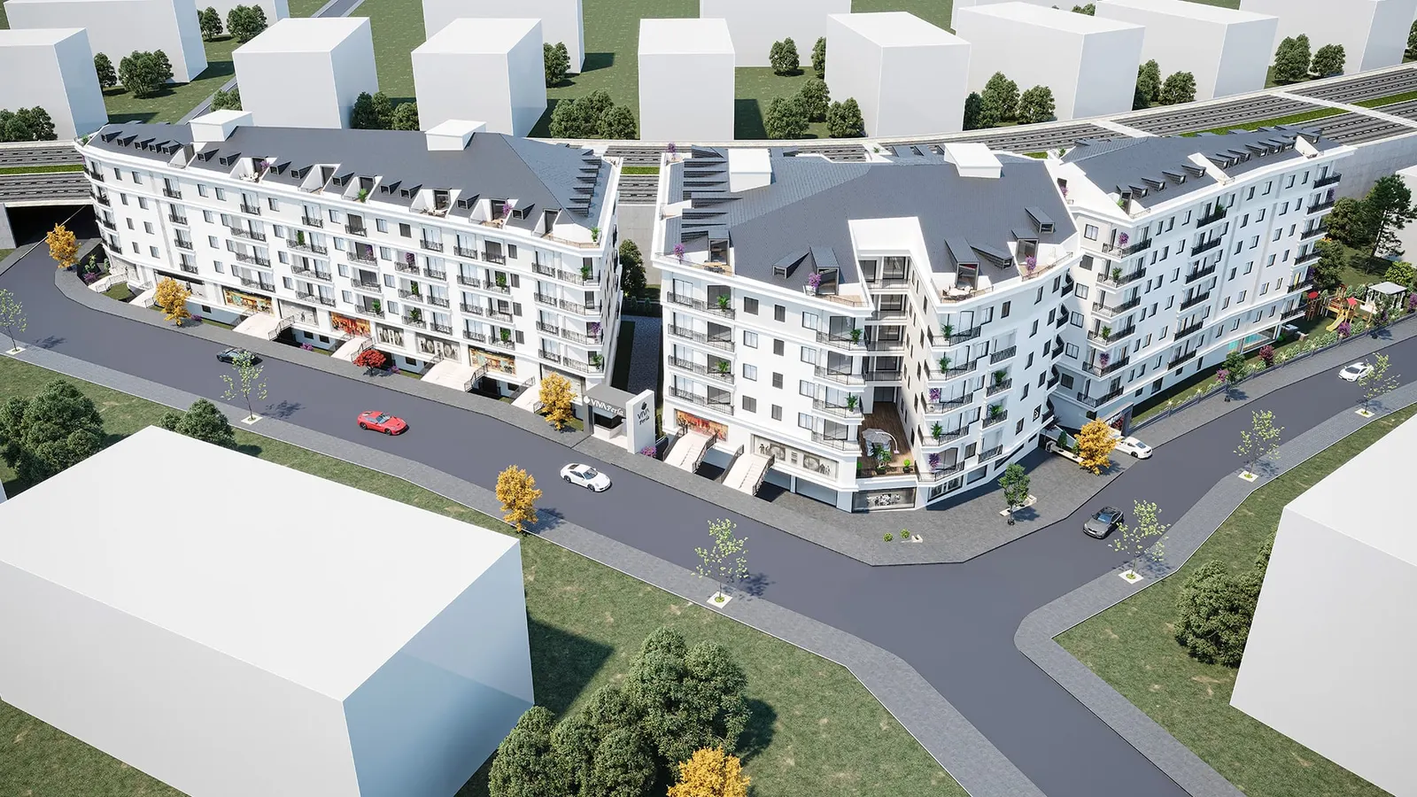 Aerial view of the two Viva Perla blocks