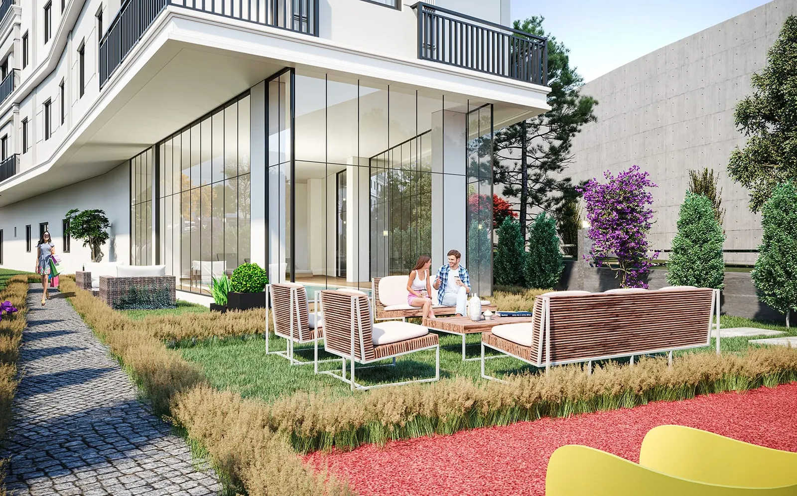 Garden seating beside a Viva Perla block