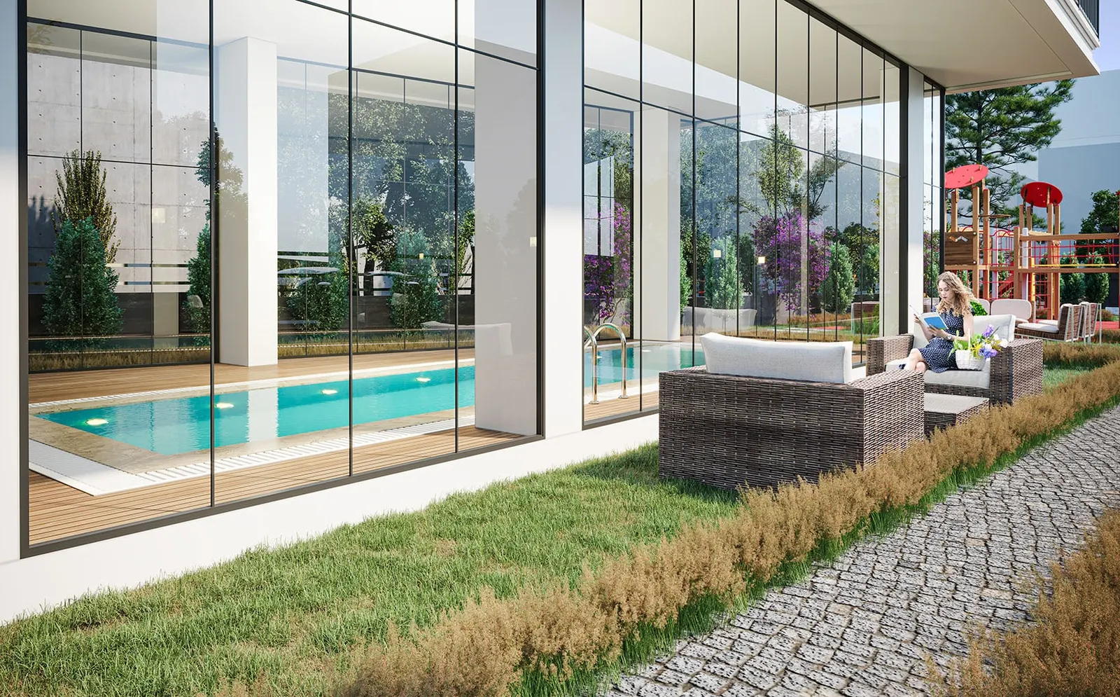 Pool behind glass walls at Viva Perla
