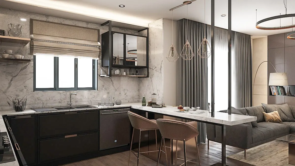 Open kitchen and living area in a Viva Perla apartment